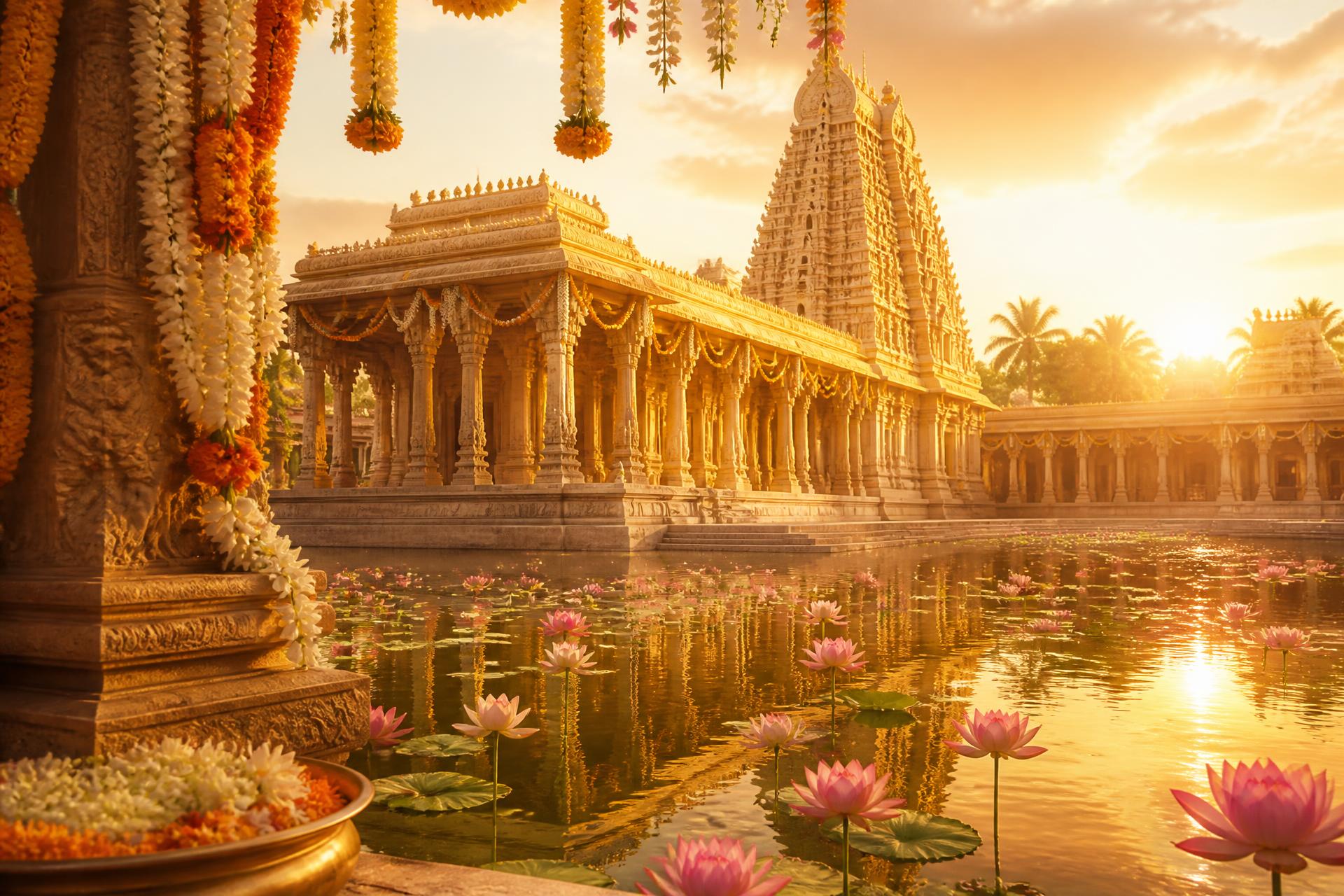 Golden-hour South Indian temple reflected in a lotus pond